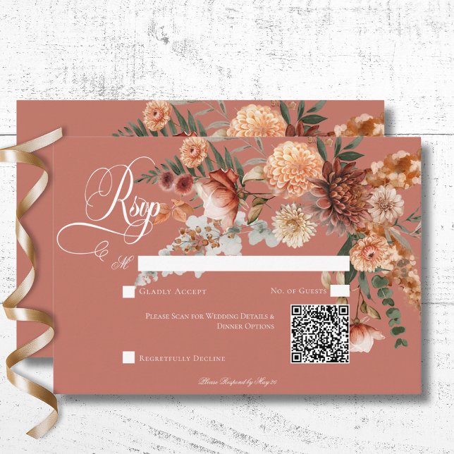 Boho Peach & Rust Blommigt Rust QR-kod OSA Kort (Boho Peach & Rust Floral Rust Wedding Response Card with QR Code)