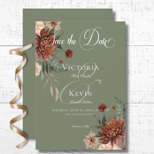 Boho Peach & Rust Blommigt Sage Grönt Bröllop Spara Datumet (Boho Peach & Rust Floral Sage Green Wedding Save The Date Card)