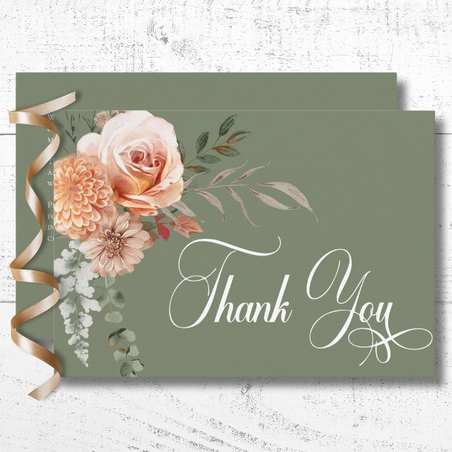 Boho Peach & Rust Blommigt Sage Grönt Bröllop Tack Kort (Boho Peach & Rust Floral Sage Green Wedding Thank You Card)