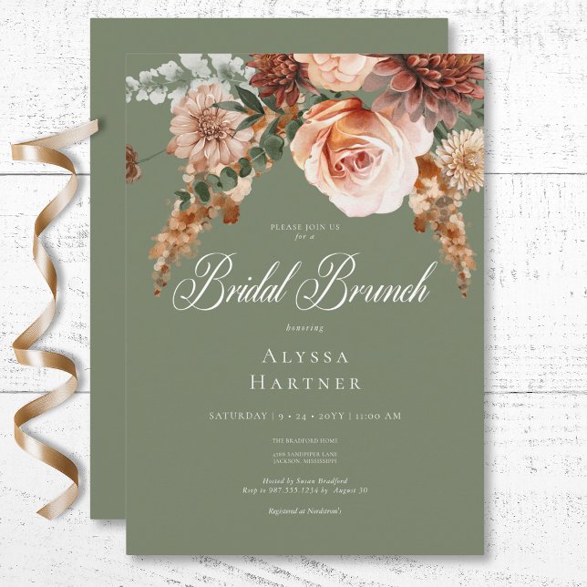 Boho Peach & Rust Blommigt Sage Grönt Möhippa Brun Inbjudningar (Boho Peach & Rust Floral Sage Green Bridal Brunch Invitation)