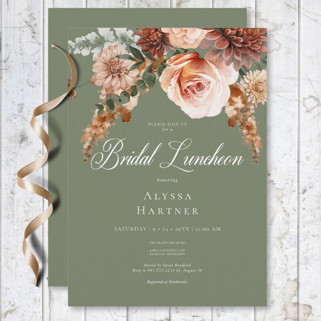 Boho Peach & Rust Blommigt Sage Grönt Möhippa Lunc Inbjudningar (Boho Peach & Rust Floral Sage Green Bridal Lunch Invitation)