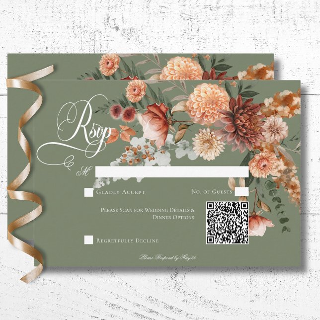 Boho Peach & Rust Blommigt Sage Grönt QR-kod OSA Kort (Boho Peach & Rust Floral Sage Green QR Code RSVP Card)