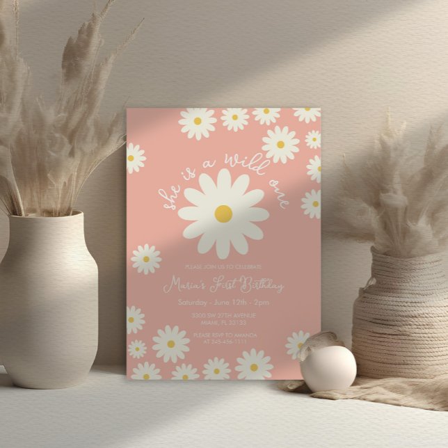 Boho Peach White Daisy Hon är en Vild. Inbjudningar (Skapare uppladdad)