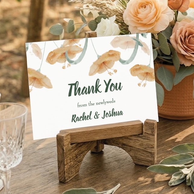 Boho Peach Wildflower & Sage Grön Bröllop Tack Kort (Terracotta & Sage Watercolor Wedding Thank You Card)