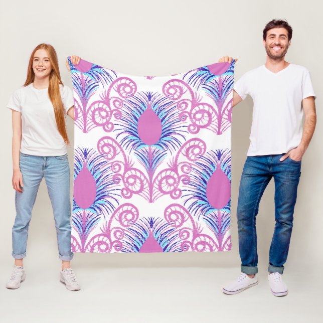 Boho Peacock Feather Jewel Tone-Neon Rosa Fleecefilt (På plats)