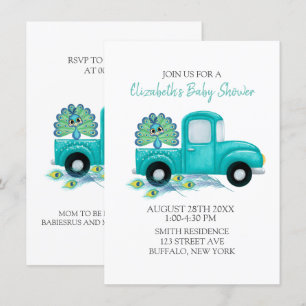 Boho Peacock Feathers Vintage Lastbil Baby Shower Inbjudningar