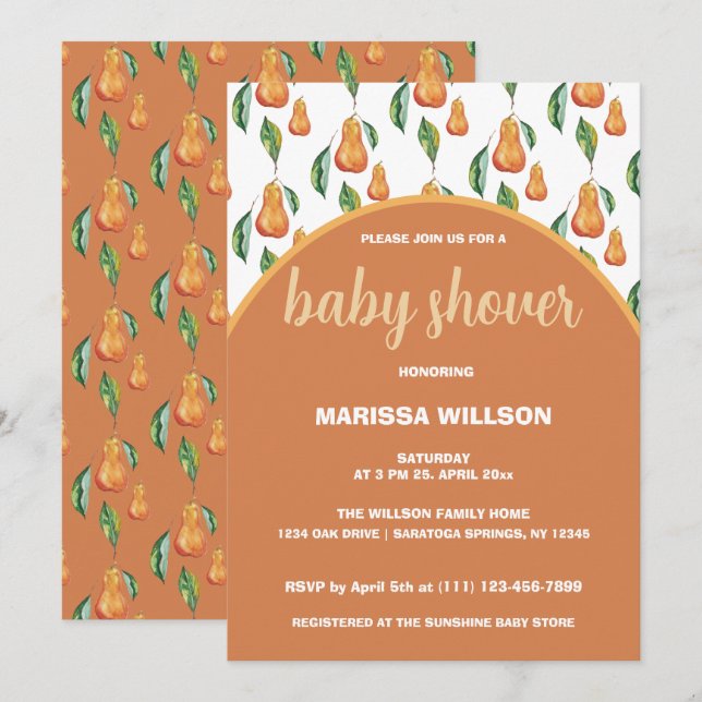 Boho Pear Watercolor Hand-målat Inbjudningar (Fram/baksida)