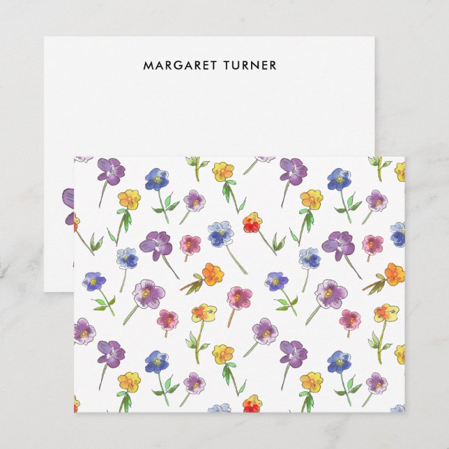 Boho Penséer Whimsical Handillustrerad Vildblomma Tack Kort (Fram/baksida)