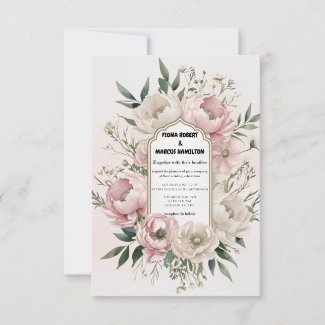 Boho Peonies  & Ivory Blommigt Bröllop Spara Datumet (Framsida)