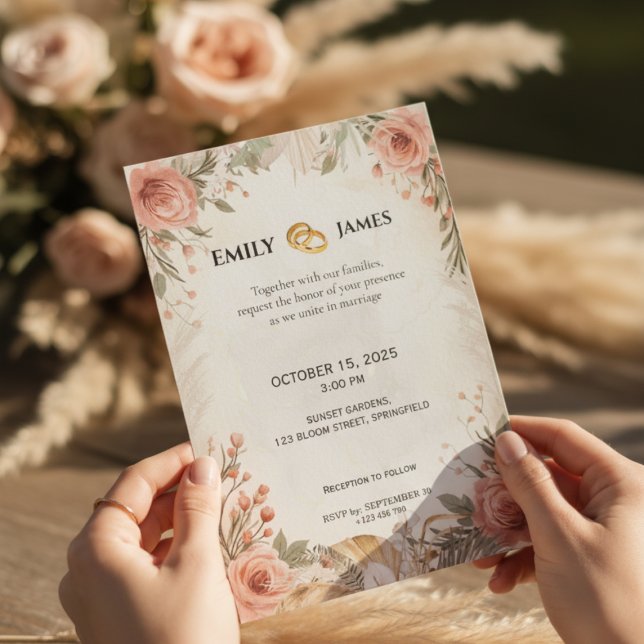 Boho Peony Ro Blommigt bröllopsinbjudan Inbjudningar (Skapare uppladdad)