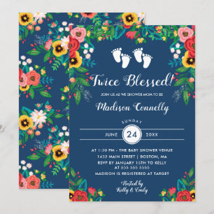 Boho People Flowers Twillingars Footprint Baby Sho Inbjudningar