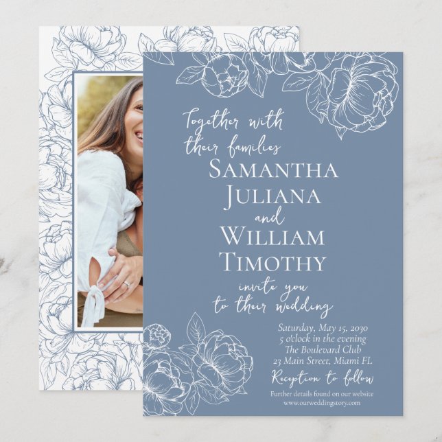 Boho Periwinkle Blue Blommigt Elegant Photo Bröllo Inbjudningar (Fram/baksida)