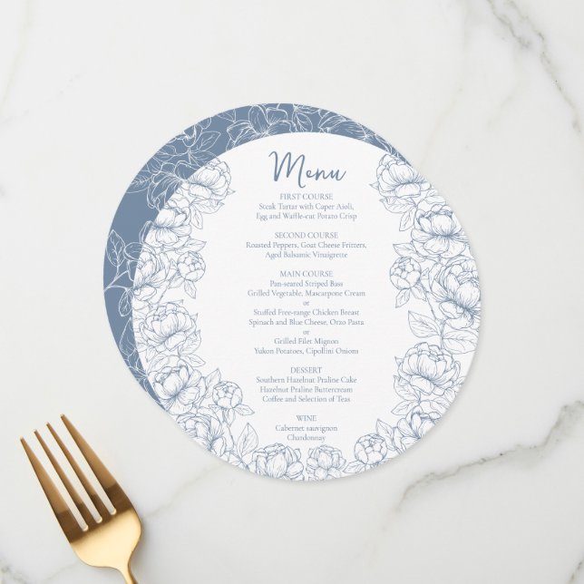Boho Periwinkle Blue Blommigt Modern Round Bröllop Meny (Fram/Back In Situ)