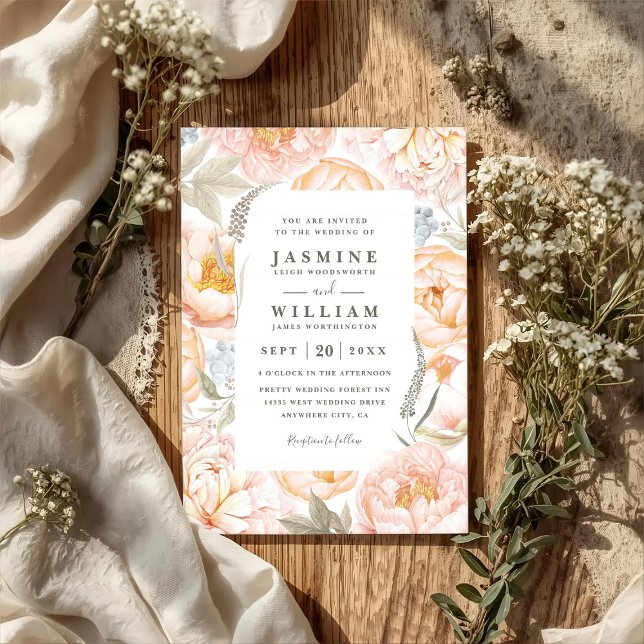 Boho Persika Blommor Krans QR-kod Bröllop Inbjudningar (Skapare uppladdad)