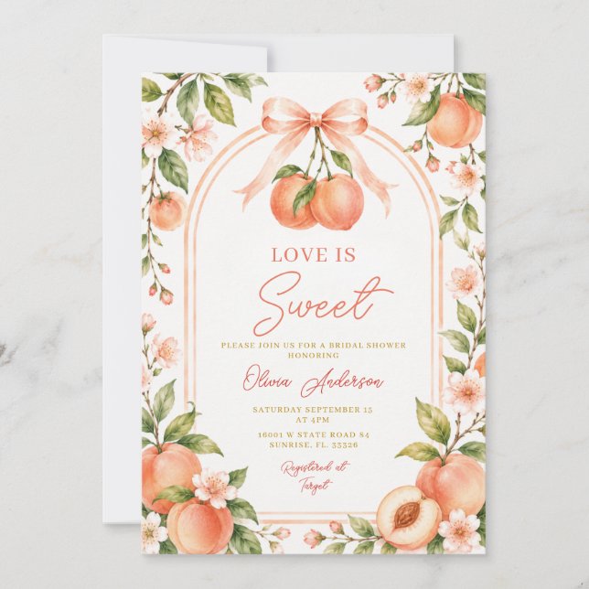 Boho Persika Bow Bröllopsfest Floral Inbjudningar (Framsida)