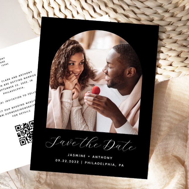 Boho Photo Arch Black QR-kod Spara datum Vykort (Skapare uppladdad)