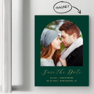Boho Photo Arch Emerald Grönt Guld Spara datum Magnetisk Inbjudningskort