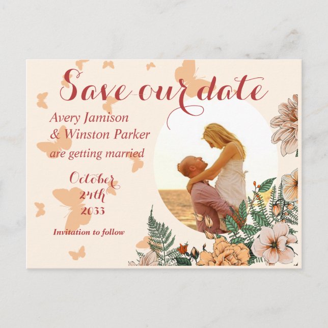 Boho  Photo Blommigt Buttery Save the Date Meddelande Vykort (Framsida)