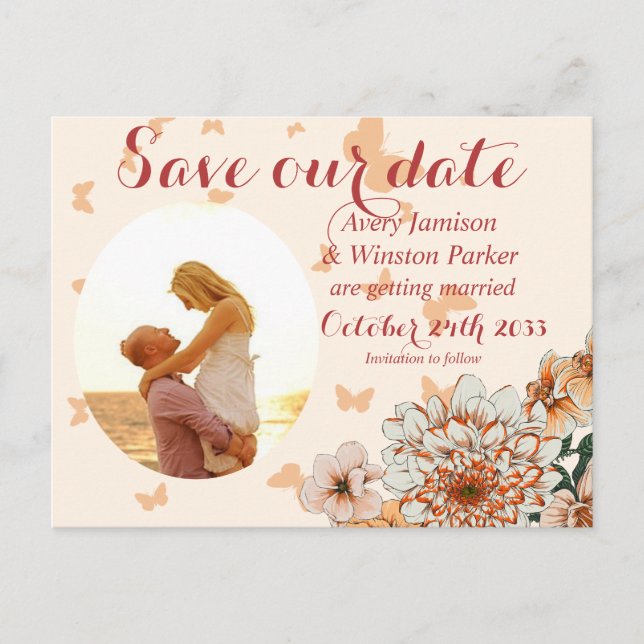 Boho  Photo Buttery Blommigt Save Date Anno Meddelande Vykort (Framsida)