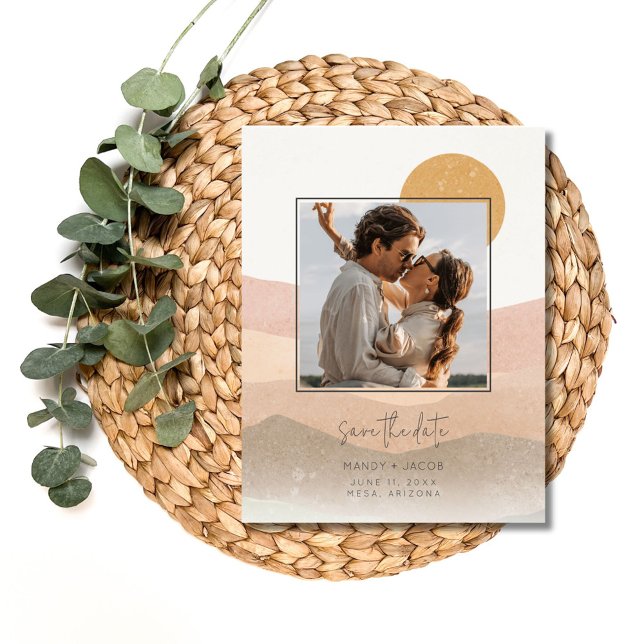 Boho Photo Desert Bröllop spara datum Meddelande Vykort (Boho Photo Desert Wedding Save the Date)