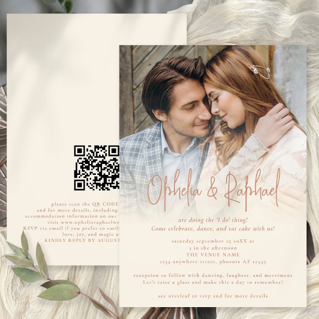 Boho Photo Overlay QR Terracotta Cream Bröllop Inbjudningar (Front and Back View. Available digtally or printed)