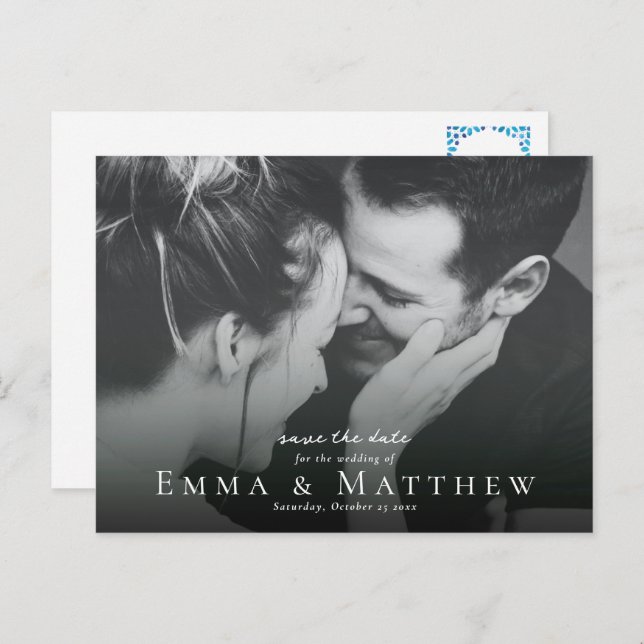 Boho Photo Save Date med den marockanska blå platt Vykort (Fram/baksida)