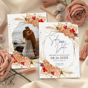 Boho Photo Terracotta Bröllop spara datum Inbjudningar