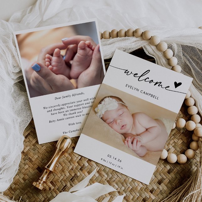  Boho Photo Welcome Baby Announcement Card Inbjudningar (Skapare uppladdad)