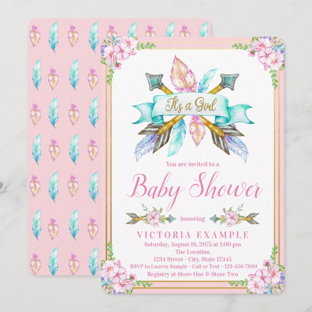 Boho-pil med fjäder Baby Shower-inbjudningar Inbjudningar (Fram/baksida)