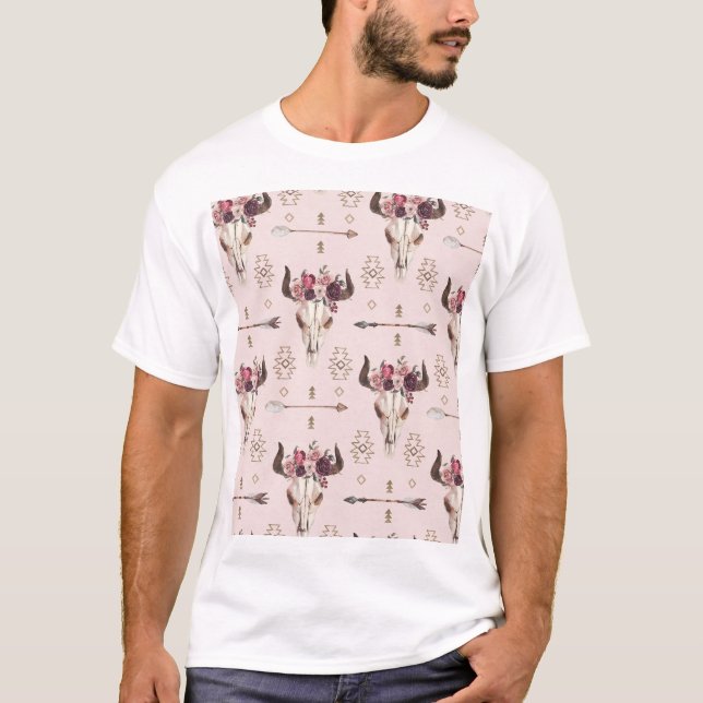 Boho-pilar och skalle, vattenfärgen mönster. t shirt (Framsida)