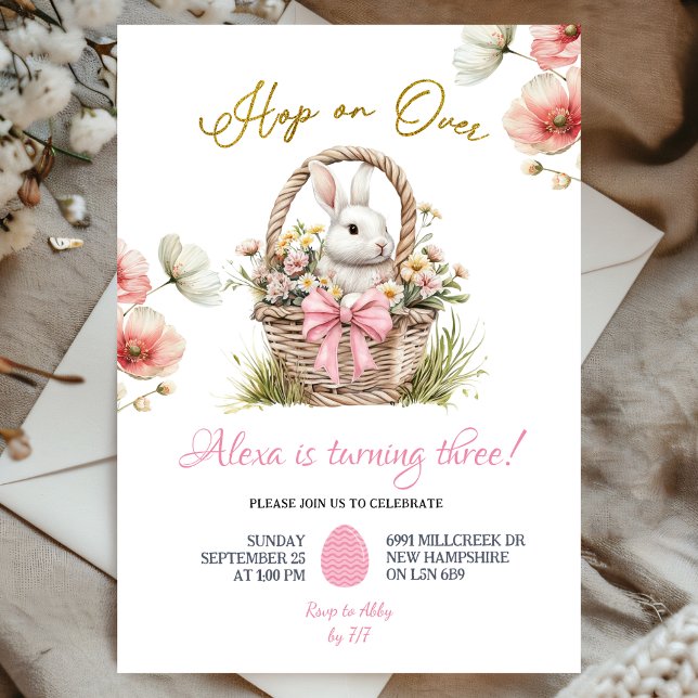 Boho Pink Bow Floral Easter Bunny Birthday Inbjudningar (Skapare uppladdad)