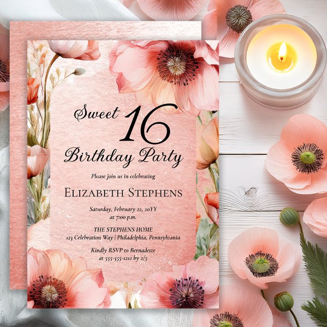 Boho Pink Poppies Floral Sweet 16 Birthday Party Inbjudningar (Elegant Pink Poppies Floral Sweet 16 Birthday Party Invitation - Print | Digital Download)