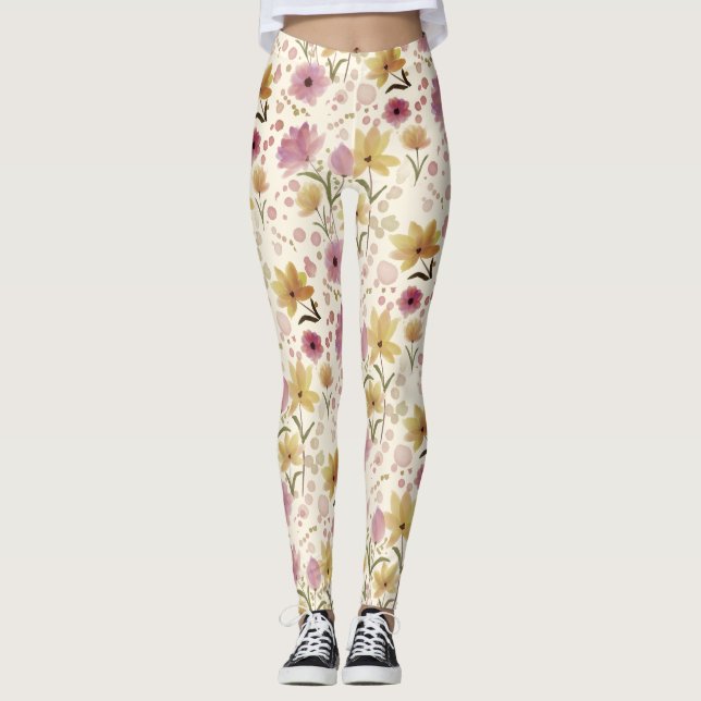 boho Pink Wildflower Watercolor  Leggings (Framsida)