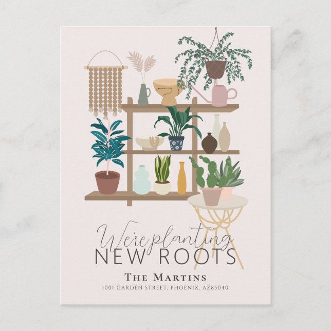 Boho Planting New Roots Flytta Announcement Meddelande Vykort (Framsida)