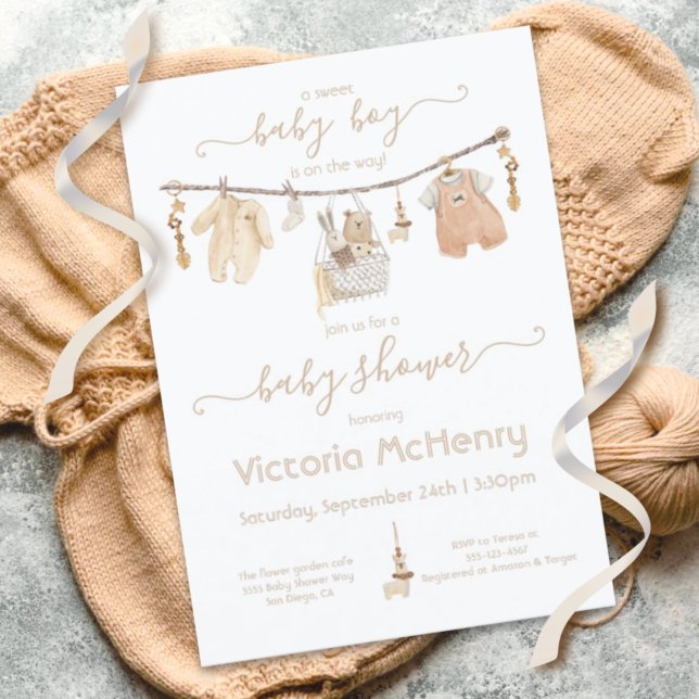 Boho Pojke Clothesline Baby Shower Inbjudningar (Skapare uppladdad)