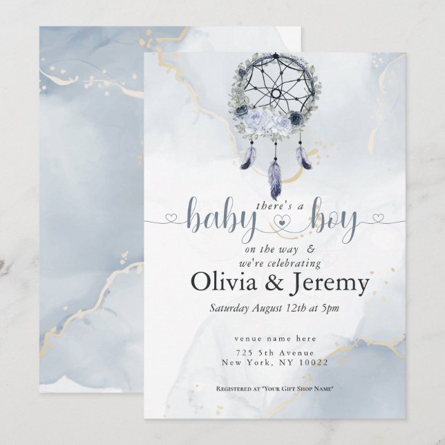 BOHO Pojke Dusty Blue Dreamcatcher Inbjudningar (Fram/baksida)