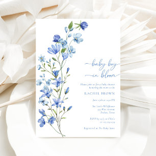 Boho Pojke i Blom Blue Wildblomma Baby Shower Inbjudningar