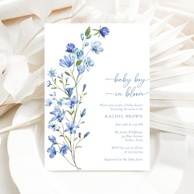 Boho Pojke i Blom Blue Wildblomma Baby Shower Inbjudningar (Skapare uppladdad)