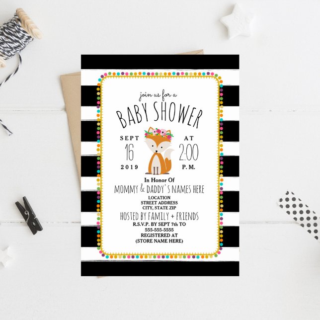 Boho Pom Poms + Rand Fox Baby Shower Inbjudningar (Skapare uppladdad)