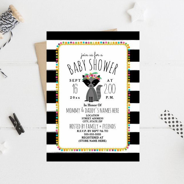 Boho Pom Poms + Rand Raccoon Baby Shower Inbjudningar (Skapare uppladdad)