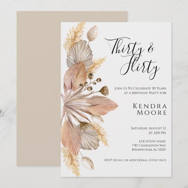 Boho Pompas Grass 30 & Flirty Bday-inbjudan Inbjudningar (Fram/baksida)