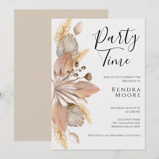 Boho Pompas grass Birthday bjudande för alla åldra Inbjudningar (Fram/baksida)