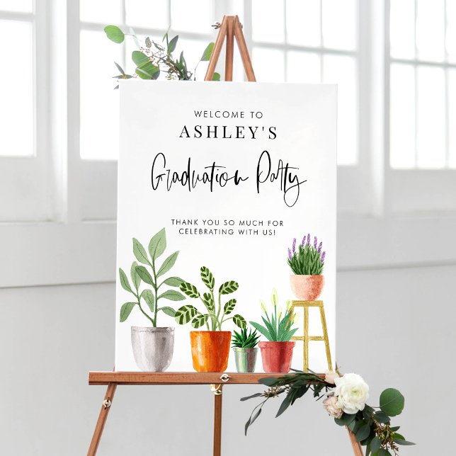 Boho Poted Houseplant Studentfest Välkommen Poster (Customizable boho graduation party welcome sign featuring watercolor potted houseplants. )