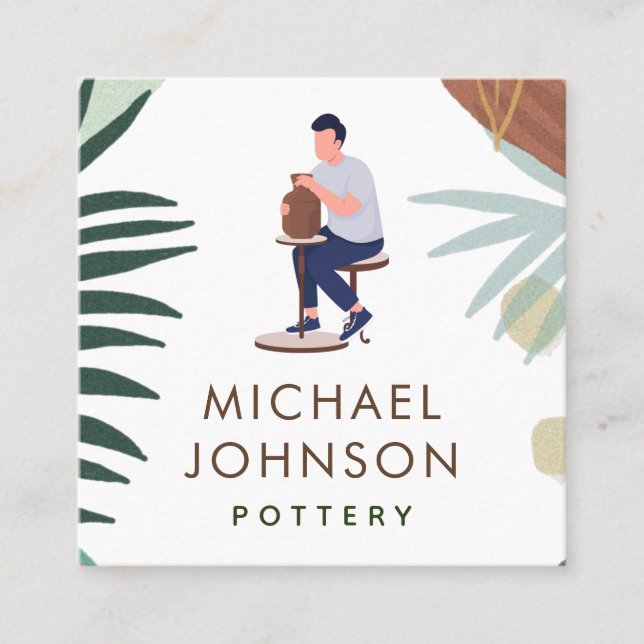 Boho Pottery Man Illustration Pastel Färg Minimal Fyrkantigt Visitkort (Framsida)