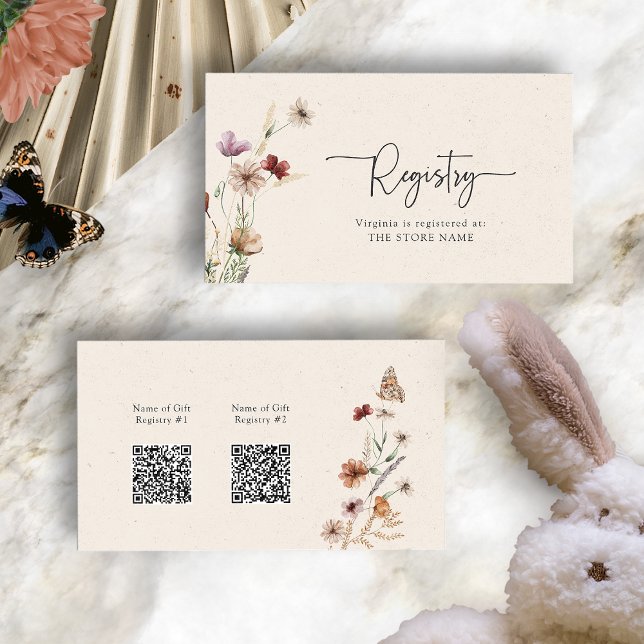 Boho-presentregistrerings QR-koder Följekort Tilläggskort (Boho Wildflower Registry QR Codes Enclosure Card with Butterfly by Painted Paperie
)