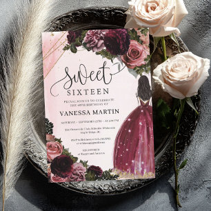 Boho Princess med burgundklänning guld ram Inbjudningar