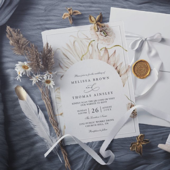 Boho Protea Pampas Gräs Rustik QR-kod Bröllop Inbjudningar (Skapare uppladdad)