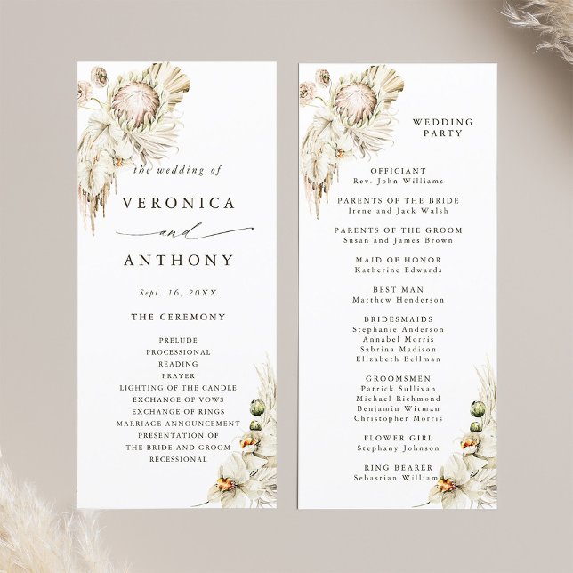Boho Protea Pampas Grass Blommigt Bröllop Ceremony Program (Front & Back)