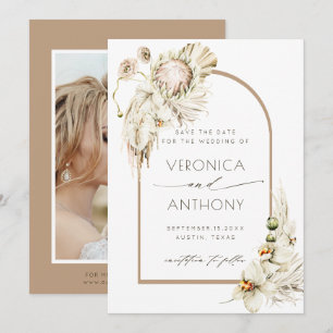 Boho Protea Pampas Grass Blommigt Bröllop Photo Spara Datumet