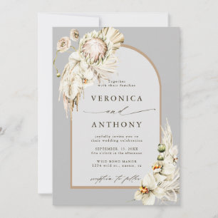 Boho Protea Pampas Grass Blommigt Grått Bröllop Inbjudningar